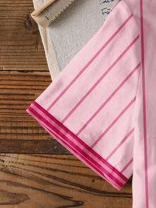 THE POWERPUFF GIRLS X SHEIN 少女休闲日常通勤时尚街头条纹花朵、泡泡、毛茛图案短袖T恤，夏季 - 白色 - 查看 6