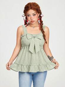 ROMWE Kawaii Top de tirantes con volantes y lazo decorativo a cuadros, estilo casual de verano - Multicolor - Ver 5
