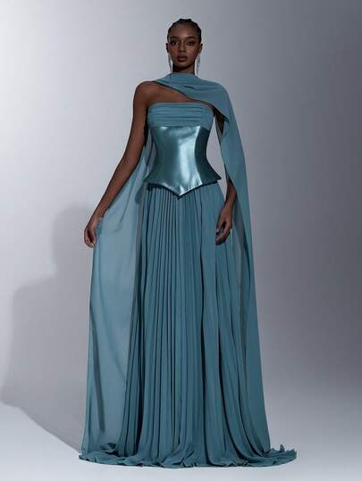 Elitara Elegant Luxurious Elastic Knit Satin & Chiffon Pleated Flared Sexy Halter Neck Dress, Suitable For Weddings, Events, Parties, Vacations, Galas, Formal Occasions