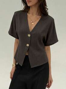 Aloruh Elegant Batwing Sleeve Double-Breasted Open Front Solid White Shirt