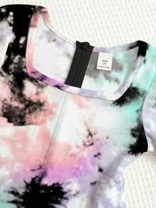SHEIN Young Girls' Black Tie-Dye Street Style Elastic Knit Crew Neck Long Sleeve Jumpsuit,Snug Fit Matching Sister Set White Summer Casual Daily Wear Outfit - Black - View 6