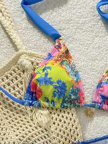 Swim Vcay 2pcs/Set Summer Beach Floral Print Halter Crop Top And Tie Side Bow Bikini Bottom Swimsuit - Multicolor - View 3