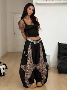 Coolane 女士春夏音乐会街头风 Y2K 派对豹纹拼接黑色宽松中腰超大裤 - 黑色 - 查看 6