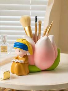 Zazumi 1 PC Creative Light Luxury Pearl Girl Tulip Pen Holder Resin Craft Desk Organizer For Stationery And Makeup Brushes Cute Decorative Gift For Students Best Friend - Multicolor - View 4