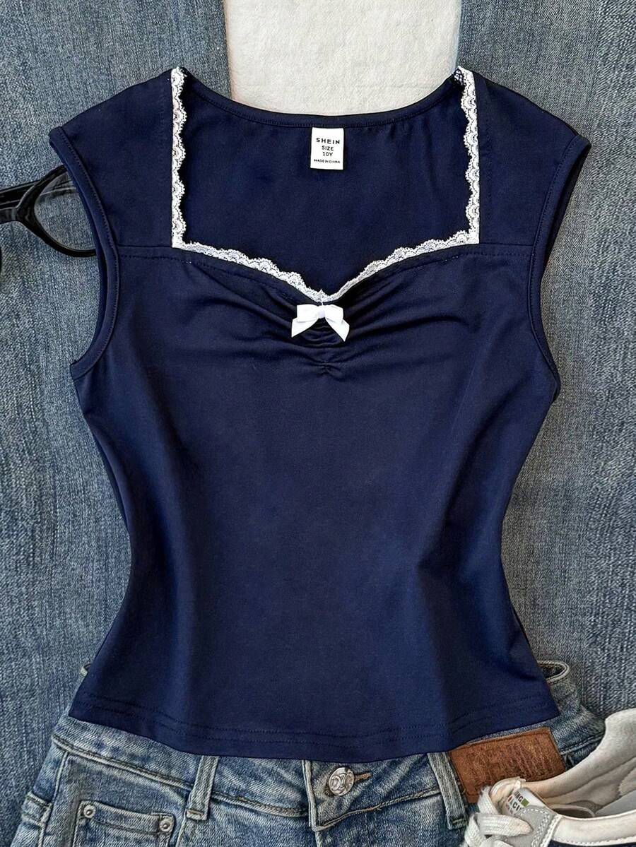 SHEIN Tween Girls' Blue Knit Ruched Bust Lace Trim Form-Fitting Long Sleeve Versatile T-Shirt Top - Navy Blue - View 1