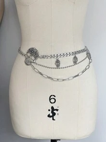 ROMWE Goth 1件女士哥特风银黑交叉多层链条腰链配饰，百搭日常、万圣节 - 銀色單邊鏈條腰帶 - 查看 6