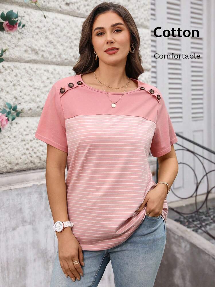 Plus Size Women Button Design Striped Patchwork Round Neck Short Sleeve Casual T-Shirt For Summer/ Vacation,Pink Tops, Going Out Tops