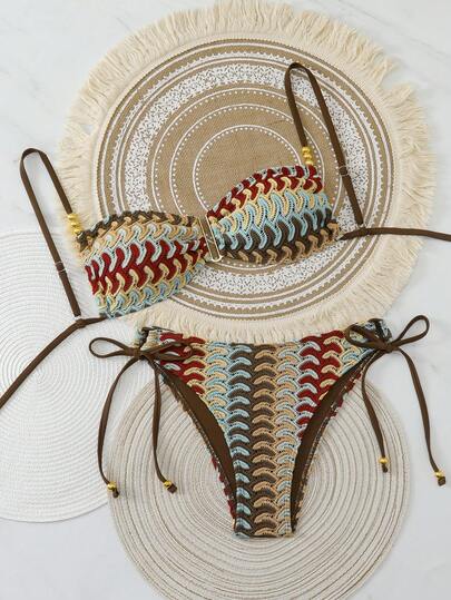 Bonvoyette Women's Beach Outfit, Textured Crochet Fabric, Golden Beaded Accent, Fashionable Casual Resort Sexy Women's Swimwear Set