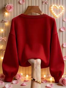 Franclia Women's New Round Neck Pearl Trim Long Sleeve Loose Casual Pullover Sweatshirt Red Blouses Tops For Women Elegant Dark Red Top Cute Red Top Red Sweater - Red - View 2