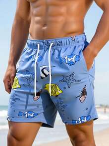 Manfinity Swimmode 男士松紧腰抽绳休闲海星热带鱼印花沙滩短裤 - 彩色 - 查看 4