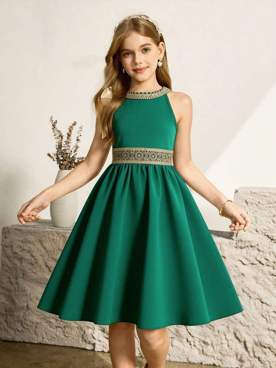 Girls' Sleeveless Dress With Spaghetti Straps, Green Pleated Skirt, Gold Trim Collar And Waistband, Fashion Elegant Dress For Casual Wear And Parties, Spring/Summer Halter Neck Green Dress Green Dress For Girl Girls Special Occasion Dress Emerald Green Elegant Girls Dress Tween Formal Green Dress - Green - View 1