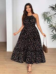 Vionelle Đầm cổ yếm họa tiết hoa nhí dáng rộng dành cho nữ cỡ lớn - Nhiều màu - Xem 2