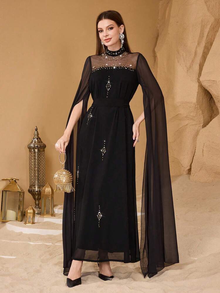 Modelyn فستان أنيق مزين بالخرز للنساء ذو تصميم رشيق - الأسود - مشاهدة 4