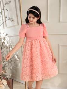 Glamorique Kids 1件女童甜美公主风珍珠装饰方领蝴蝶结腰部泡泡袖玫瑰连衣裙，夏季派对连衣裙 - 粉色 - 查看 8