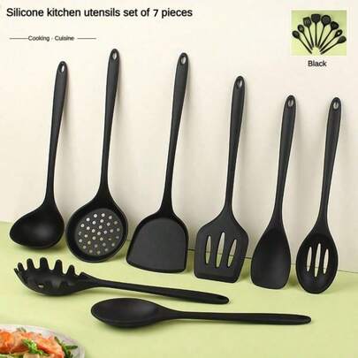 7pcs Household Silicone Kitchen Cooking Set: Spatula, Ladle, Slotted Spatula, Frying Spatula, Pasta Spoon, Salad Spatula, Honey Spatula, Black
