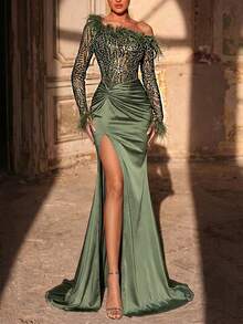 Glamrae Elegant Formal Sexy Pearl Sequin Embroidered Strapless Mermaid Dress Ruched Elastic Knit Gown Furry Twist Sleeve Wedding Prom Rehearsal Dinner Party - Army Green - View 5