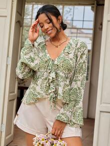 Freevana 大码波西米亚风春夏新款印花薄纱雪纺衬衫，V领荷叶边抽绳腰身上衣，喇叭袖修身优雅通勤度假复古女式衬衫 - 綠色 - 查看 4
