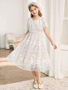 女童甜美蕾丝荷叶袖A字短裙，适合花童、婚礼、派对、生日、宴会等场合。 - 白色 - 查看 2