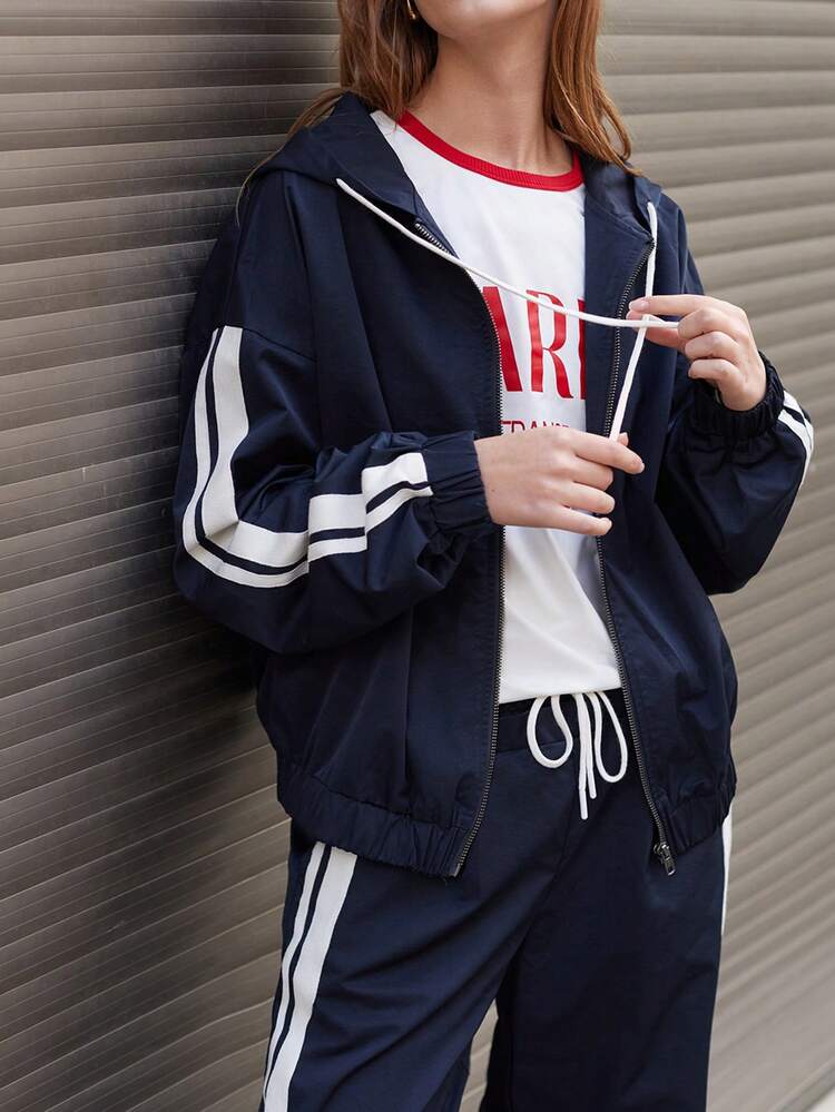 SHEIN Maija Women Navy Blue & White Striped Drop Shoulder Side Seam Front Zipper Decor Casual Jacket, Versatile All-Season Hooded Sweatshirt Hippie