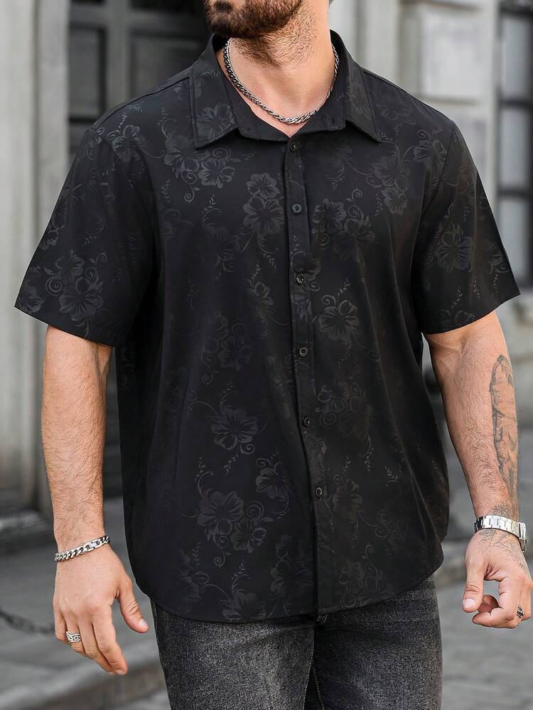 ARLO REED Men Plus Size Single-Breasted Casual Black Floral Print Short Sleeve Shirt, Formal, Ceremony - Black - View 3