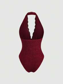 Sweetra Retro American Red Lace V-Neck Backless Ruched Bodysuit, Sexy Fitted Design, Fashion New Arrival For Early Spring - Burgundy - View 7