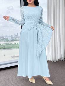 Feyla Vestido elegante de mujer con parches de encaje de unicolor - Azul Agua - Ver 4