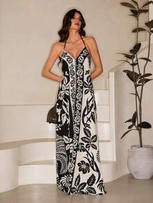 SHEIN Tall 女士度假热带波西米亚风花朵椰树印花吊带系带休闲沙滩夏季长裙 - 彩色 - 查看 5