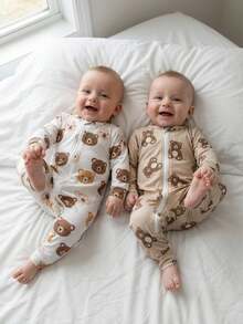 Baby Pajama Set Snug Fit Baby Boy Tight Zipper Cute Brown Bear Print 2-Pack,