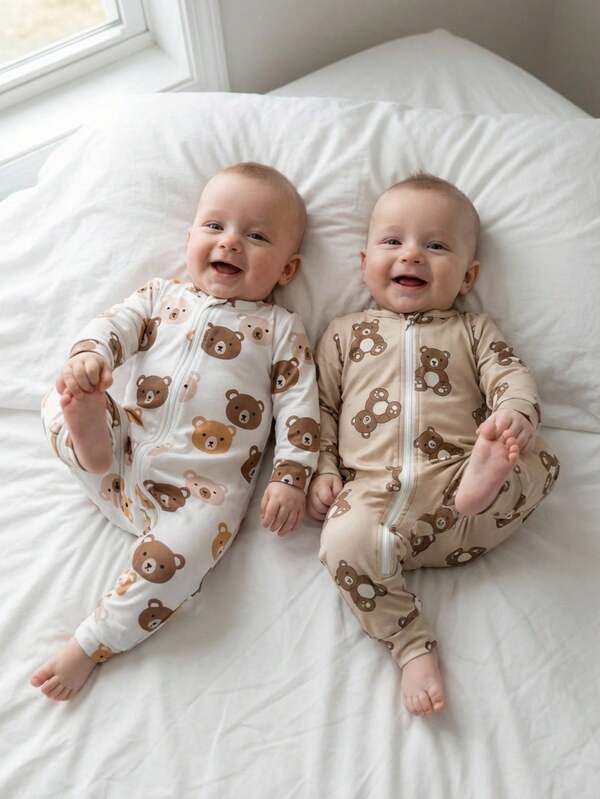 Baby Pajama Set Snug Fit Baby Boy Tight Zipper Cute Brown Bear Print 2-Pack,