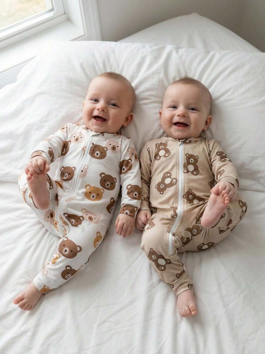 Baby Pajama Set Snug Fit Baby Boy Tight Zipper Cute Brown Bear Print 2-Pack,