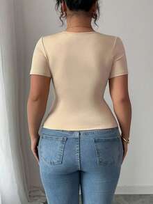 Elenzga Plus Size Women's Elegant & Chic Party Sexy Short Sleeve V-Neck Pearl Decor Waist Fitted Stretchy Knit Top, Spring/Summer - Apricot - View 2
