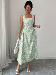 Rafferiza Đầm không tay xếp nếp họa tiết hoa màu xanh dương kiểu Pháp dành cho nữ, thích hợp cho kỳ nghỉ. - xanh xám - Xem 4