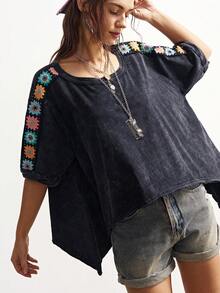 Bohemela Camiseta casual de mujer talla grande con bordado floral y cuello redondo - Negro - Ver 2