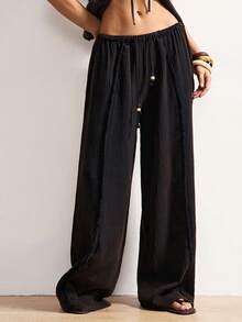 Bohemela 女士休闲纯色梭织宽松水洗裤 - 黑色 - 查看 5