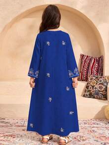 SHEIN 皇家藍優雅 Al-Adha 花卉刺繡 Abaya 長裙，適合青少年女孩，秋季度假婚禮端莊長袖阿拉伯 Kaftan Jalabiya - 彩色 - 查看 2
