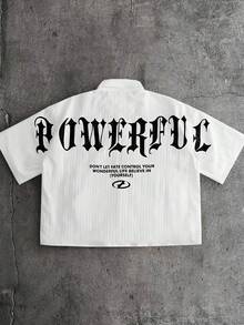 AXEPEAK Camisa casual de manga corta con estampado de letras, de corte holgado y de solapa única para hombres - Blanco - Ver 3