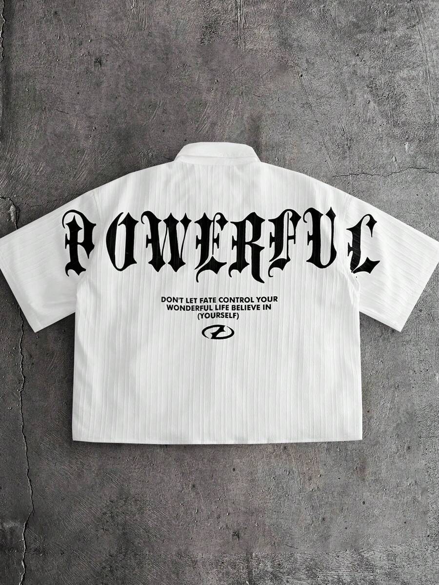 AXEPEAK Men's Letter Print Short Sleeve Single-Breasted Casual Loose Shirt - White - View 1