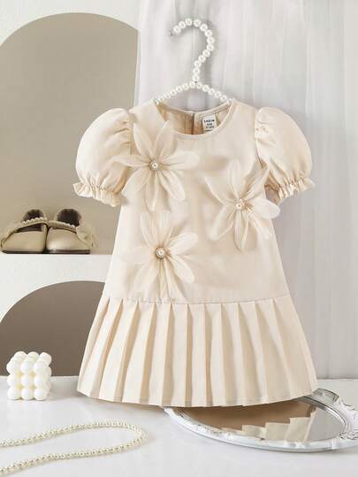 SHEIN Babygirl Cute & Elegant Apricot Floral Pleated Short Sleeve Dress, Summer