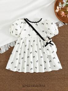Cozy Pixies 2pcs/Set Baby Girl Bow Decor Round Neck Puff Sleeve Waist Tie Dress & Crossbody Bag,White And Black Summer Cute Family Matching Cotton Toddler Dress - Apricot - View 8