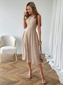 SHEIN LUNE 女士休闲格子撞色无袖中长连衣裙，春夏日常基本款 - 卡其色 - 查看 3