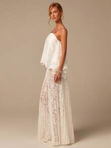 COSMINA Women's Elastic Waist Floral Lace Ruffle Fashionable Sexy Skirt, Elegant Ladies Skirt, Lace Pleated Skirt, White Skirt, Sexy Sheer Skirt, Summer Vacation Lace Skirt, Beach Skirt - White - View 9