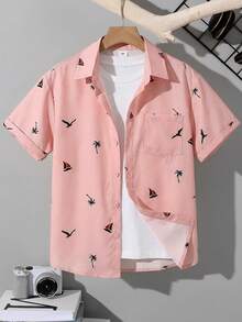 SHEIN 男童休闲棕榈树印花单排扣口袋短袖衬衫 - 杏色 - 查看 3