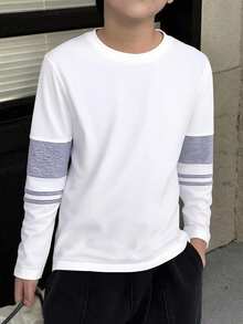 男童休闲拼布圆领长袖T恤 - 白色 - 查看 1