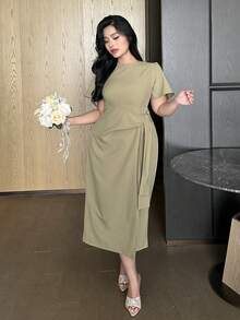 Dazy Plus Plus Size Women Elegant Tie-Waist Long Solid Color Round Neck Short Sleeve Casual Dress, Spring/Summer Sundress - Olive Green - View 3