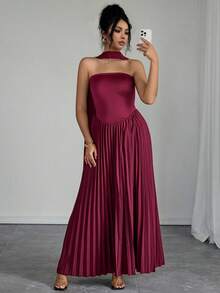 Rafferiza Elegant Burgundy Long Pleated Shoulder Dress, Formal Party Cocktail Dress For Women - Burgundy - View 3