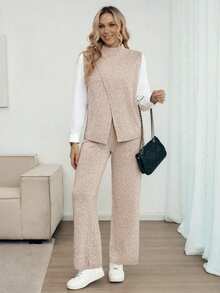 Louniche 2pcs Women Casual Crossover Mock Neck Sweater Top And Straight Leg Pants Set, Fashion Versatile For Spring, Summer, Autumn - Khaki - View 5
