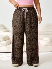 SHEIN EZwear Quần ống rộng dáng casual họa tiết da báo có dây rút - Cà phê nâu - Xem 1
