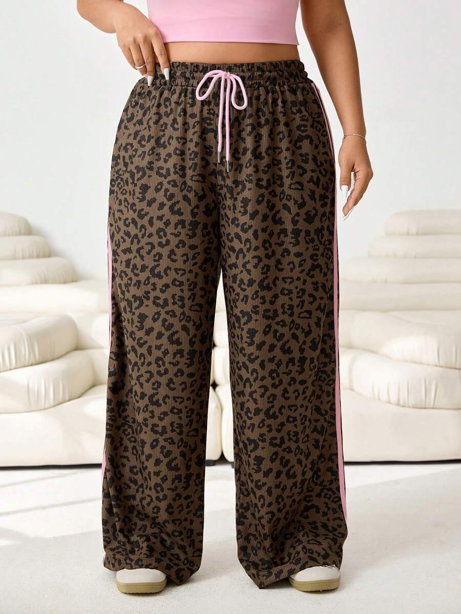 SHEIN EZwear Quần ống rộng dáng casual họa tiết da báo có dây rút - Cà phê nâu - Xem 1