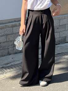 DAZY Tween Girls' Solid Color Waist Button Design Pleated Loose Wide Leg Pants - Black - View 6