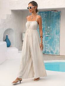 Vivid Eden 春夏出行度假：宽松阔腿露背连体裤，条纹纹理面料，女士连体裤 - 彩色 - 查看 3